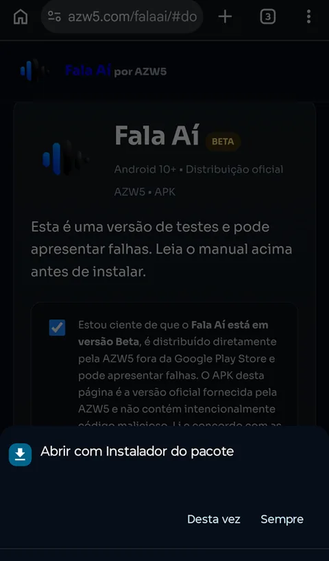 Ao tocar no APK, o Android abre o instalador.