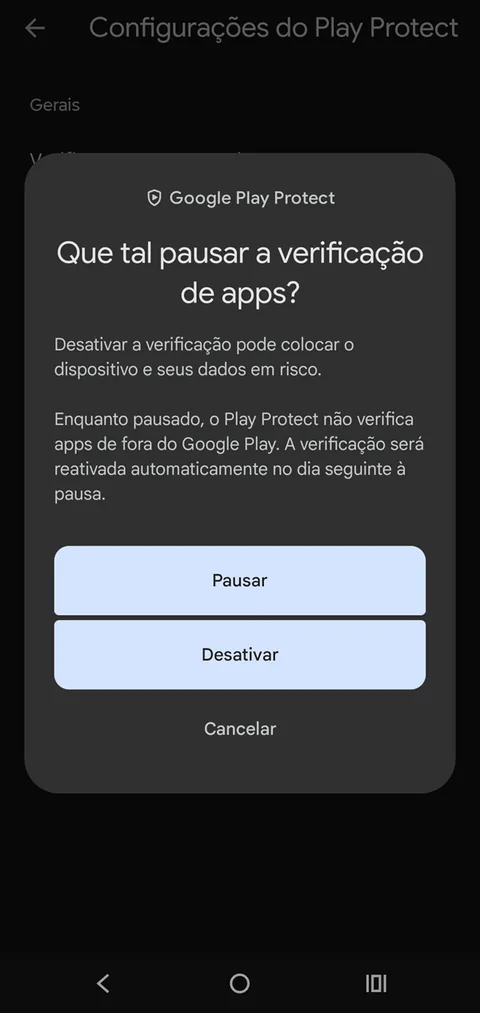 Opções exibidas pelo Android para a verificação.