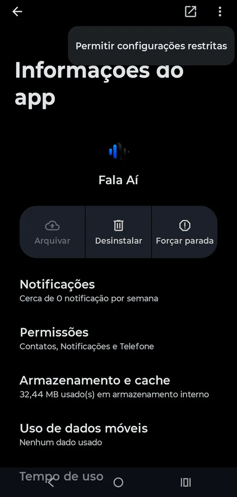 Em Informações do app, abra ⋮ e escolha “Permitir configurações restritas”.